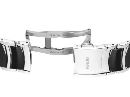 Rado Centrix Diamonds Quarz Edelstahl 35mm schwarzes Zifferblatt mit Brillanten Metallband limitiert – Damenuhren Uhr mit Datum aus Edelstahl und Keramik. Das Gehäuse ist rund und silber. Das Edelstahlarmband ist silber. Das Zifferblatt ist ohne Zeichen und schwarz. – Ansicht 5
