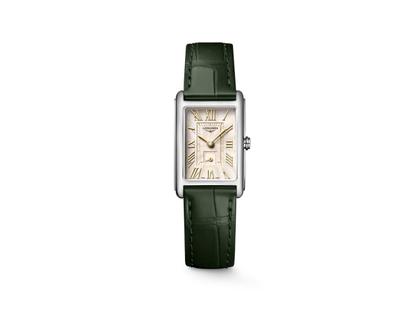 Longines DolceVita Quarz Edelstahl 21x32mm elfenbeinfarbenes Zifferblatt grünes Lederband – Damenuhren Uhr ohne Datum aus Edelstahl und Leder. Das Gehäuse ist rechteckig und silber. Das Lederarmband ist grün. Das Zifferblatt ist römisch und beige.