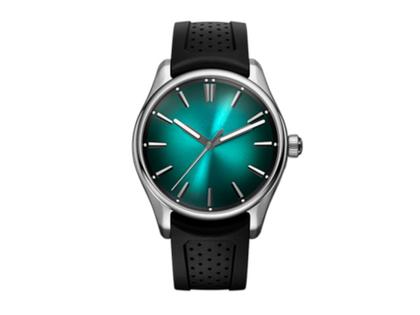 H. Moser & Cie. Pioneer Centre Seconds Fumé Blue Lagoon Mega Cool Automatik Edelstahl 42,8mm türkises Zifferblatt türkises Textilband – Herrenuhren Uhr ohne Datum aus Edelstahl. Das Gehäuse ist rund und silber. Das Textilarmband ist schwarz. Das Zifferblatt ist ein Index in grün. – Ansicht 2