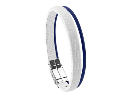 Wendestein/ Balance Band Armband Urban White Kalbsleder geprägt dunkelblau – Armschmuck Armband aus Edelstahl, Kautschuk, Leder und und .