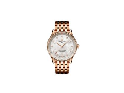 Breitling Navitimer 32 Quarz Rotgold weißes Perlmutt-Zifferblatt Rotgoldband – Damenuhren Uhr ohne Datum aus 750 Rotgold. Das Gehäuse ist rund und roségold. Das Goldarmband ist roségold. Das Zifferblatt ist arabisch Index und weiß.