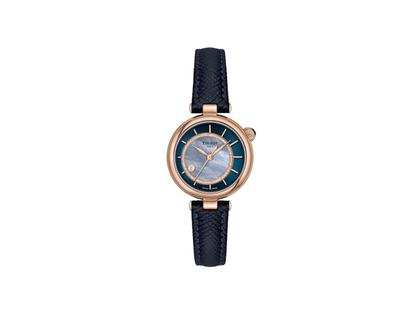 Tissot Desir Automatik Edelstahl Roségold-PVD 28mm blaues Perlmutt-Zifferblatt blaues Lederband – Damenuhren Uhr mit Datum aus Edelstahl, Leder und PVD beschichtet. Das Gehäuse ist rund und roségold. Das Lederarmband ist blau. Das Zifferblatt ist ein Index in blau.