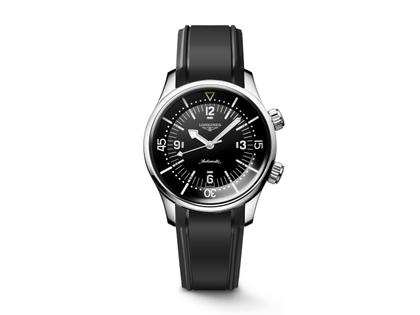 Longines Legend Diver GMT Chronometer Automatik Edelstahl 39mm schwarzes Zifferblatt schwarzes Kautschukband – Herrenuhren Uhr ohne Datum aus Edelstahl und Kautschuk. Das Gehäuse ist rund und silber. Das Kautschuk / Kunststoff / Silikon Armband ist schwarz. Das Zifferblatt ist arabisch Index und schwarz.