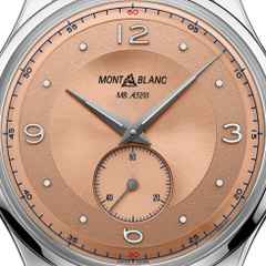 Montblanc Heritage  Handaufzug Small Second 39 mm Edelstahl lachsfarben Lederband Limited Edition – Herrenuhren Uhr ohne Datum aus Edelstahl. Das Gehäuse ist rund und silber. Das Lederarmband Kroko / Alligator ist schwarz. Das Zifferblatt ist arabisch Index und orange. – Ansicht 2