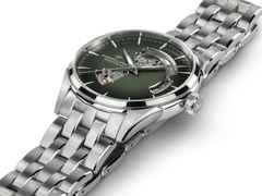 Hamilton Jazzmaster Open Heart Automatik Edelstahl 42mm grünes Zifferblatt Metallband – Herrenuhren Uhr ohne Datum aus Edelstahl. Das Gehäuse ist rund und silber. Das Edelstahlarmband ist silber. Das Zifferblatt ist ein Index in grün. – Ansicht 2