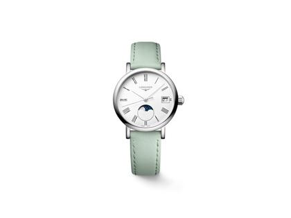 Longines Elegant Collection Quarz Edelstahl 30mm weißes Zifferblatt grünes Lederband – Damenuhren Uhr mit Datum aus Edelstahl und Leder. Das Gehäuse ist rund und silber. Das Lederarmband ist grün. Das Zifferblatt ist römisch und weiß.