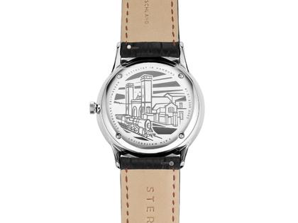 Sternglas Berlin Quarz Edelstahl 38mm grünes Zifferblatt braunes Lederband – Herrenuhren Uhr mit Datum aus Edelstahl und Leder. Das Gehäuse ist rund und silber. Das Lederarmband ist braun. Das Zifferblatt ist arabisch Index und grün. – Ansicht 4