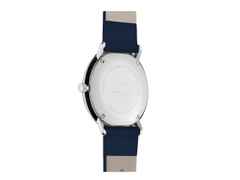 Junghans Max Bill Damen Quarz Edelstahl 32,7mm weißes Zifferblatt dunkelblaues Lederband – Damenuhren Uhr mit Datum aus Edelstahl. Das Gehäuse ist rund und silber. Das Lederarmband ist blau. Das Zifferblatt ist arabisch Index und weiß. – Ansicht 2