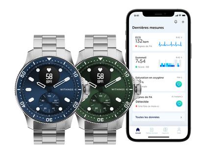 Withings ScanWatch Horizon Edelstahl 43mm grünes Zifferblatt Metallband – Herrenuhren Uhr Multifunktion aus Edelstahl. Das Gehäuse ist rund und silber. Das Edelstahlarmband ist silber. Das Zifferblatt ist analog digital und grün. – Ansicht 3