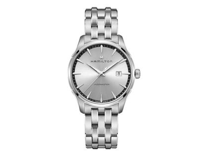 Hamilton Jazzmaster Gent Quarz Edelstahl 40mm silbernes Zifferblatt Metallband – Herrenuhren Uhr mit Datum aus Edelstahl. Das Gehäuse ist rund und silber. Das Edelstahlarmband ist silber. Das Zifferblatt ist ein Index in silber.