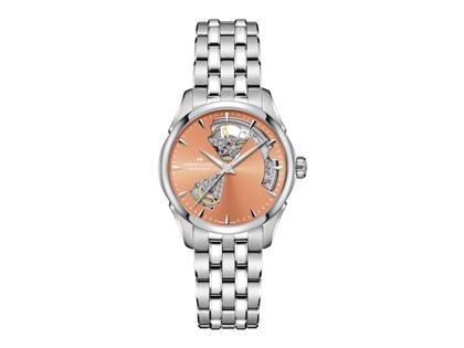 Hamilton Jazzmaster Open Heart Lady Automatik Edelstahl 36mm apricotfarbenes Zifferblatt Metalband – Damenuhren Uhr ohne Datum aus Edelstahl. Das Gehäuse ist rund und silber. Das Edelstahlarmband ist silber. Das Zifferblatt ist ein Index in orange.