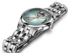 Hamilton Jazzmaster Open Heart Automatik Edelstahl 36mm hellblaues Zifferblatt Metallband – Damenuhren Uhr ohne Datum aus Edelstahl. Das Gehäuse ist rund und silber. Das Edelstahlarmband ist silber. Das Zifferblatt ist ein Index in blau. – Ansicht 3