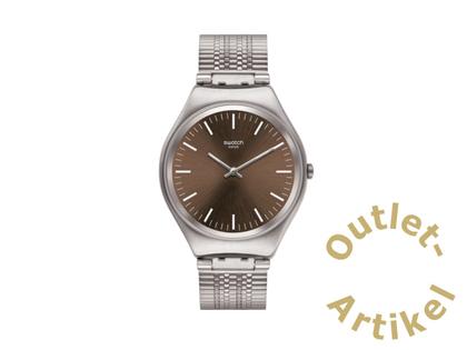 Swatch Skin Irony "Skinboot" Quarz Edelstahl 38mm braunes Zifferblatt Metallband – Herrenuhren Uhr ohne Datum aus Edelstahl. Das Gehäuse ist rund und silber. Das Edelstahlarmband ist silber. Das Zifferblatt ist ein Index in braun.