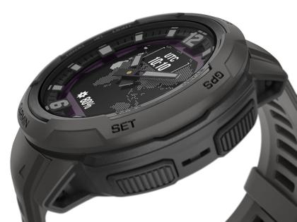 Garmin Instinct Crossover Solar faserverstärktes Polymer schiefergrau 45 mm Kautschukband schiefergrau – Herrenuhren Uhr Multifunktion aus Kautschuk und Kunststoff. Das Gehäuse ist rund und grau. Das Kautschuk / Kunststoff / Silikon Armband ist grau. Das Zifferblatt ist analog digital und schwarz. – Ansicht 7