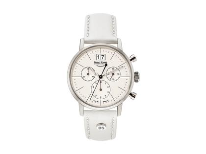Bruno Söhnle Glashütte Stuttgart  Chrono Small Edelstahl silber Lederband – Damenuhren Chronograph aus Edelstahl. Das Gehäuse ist rund und silber. Das Lederarmband ist weiß. Das Zifferblatt ist ein Index in silber.