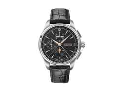 Union Glashütte Belisar Chronograph Mondphase Automatik Edelstahl 42mm schwarzes Zifferblatt schwarzes Lederband – Herrenuhren Chronograph aus Edelstahl. Das Gehäuse ist rund und silber. Das Lederarmband ist schwarz. Das Zifferblatt ist arabisch Index und schwarz.