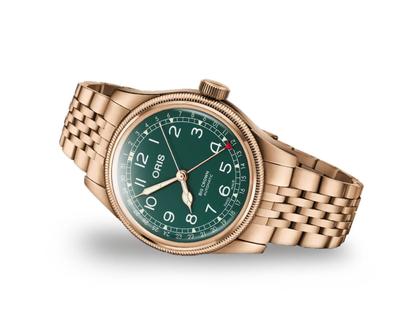 Oris Big Crown Pointer Date Automatik Bronze 40mm grünes Zifferblatt Metallband – Herrenuhren Uhr mit Datum aus Bronze und Edelstahl. Das Gehäuse ist rund. Das Armband ist ein Metallarmband. Das Zifferblatt ist arabisch Index und grün. – Ansicht 2