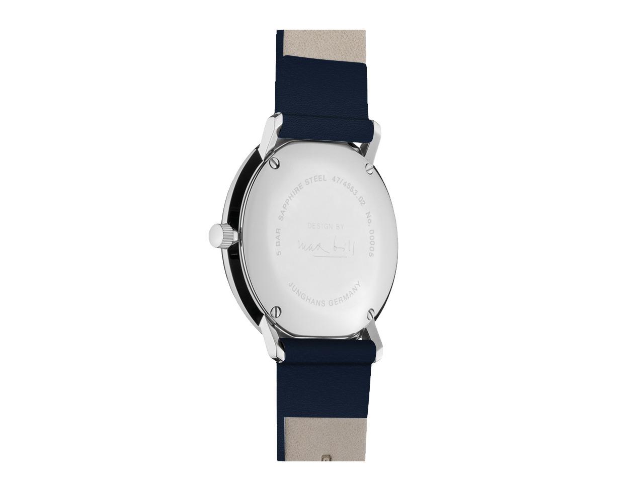 Junghans Max Bill Damen Quarz Edelstahl 32,7mm gelbes Zifferblatt blaues Lederband – Damenuhren Uhr mit Datum aus Edelstahl. Das Gehäuse ist rund und silber. Das Lederarmband ist blau. Das Zifferblatt ist ein Index in gelb. – Ansicht 2