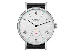 Nomos Glashütte Ludwig neomatik 36 Automatik Edelstahl weißes Zifferblatt schwarzes Lederband   – Damenuhren Uhr ohne Datum aus Edelstahl. Das Gehäuse ist rund und silber. Das Lederarmband ist schwarz. Das Zifferblatt ist römisch Index und weiß. – Ansicht 4