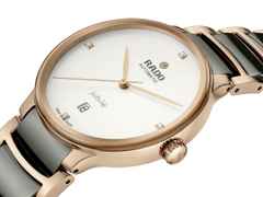 Rado Centrix Diamonds Automatik Edelstahl Roségold-PVD 39,5mm weißes Zifferblatt mit Brillanten Metallband – Herrenuhren Uhr mit Datum aus Edelstahl, Keramik und PVD beschichtet. Das Gehäuse ist rund und roségold. Das Keramikarmband ist grau. Das Zifferblatt ist ein Index in weiß. – Ansicht 2