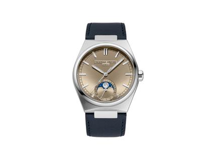 Frederique Constant Highlife Moonphase Date Manufacture Automatik Edelstahl 39mm beiges Zifferblatt Metallband und blaues Lederband – Herrenuhren Uhr mit Datum aus Edelstahl und Leder. Das Gehäuse ist rund und silber. Das Edelstahlarmband ist silber. Das Zifferblatt ist ein Index in beige. – Ansicht 4