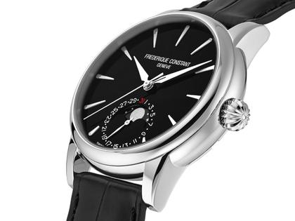 Frederique Constant Manufacture Classic Moonphase Date Automatik Edelstahl 40mm schwarzes Zifferblatt schwarzes Lederband limitiert – Herrenuhren Uhr mit Datum aus Edelstahl und Leder. Das Gehäuse ist rund und silber. Das Lederarmband Kroko / Alligator ist schwarz. Das Zifferblatt ist ein Index in schwarz. – Ansicht 2