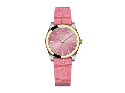 Watchpeople Brown Sugar Audrey Edelstahl bicolor pinkes Zifferblatt Lederband – Damenuhren Uhr ohne Datum aus Edelstahl und PVD beschichtet. Das Gehäuse ist rund und silber-gelbgold. Das Lederarmband ist rosa. Das Zifferblatt ist ein Index in rosa.