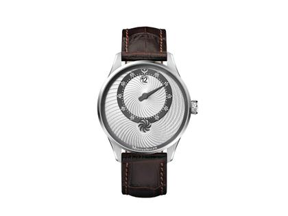 MeisterSinger Panthero Jumping Hour Automatik Edelstahl 40,5mm silbernes Zifferblatt braunes Lederband limitiert – Herrenuhren Uhr mit Datum aus Edelstahl und Leder. Das Gehäuse ist rund und silber. Das Lederarmband ist braun. Das Zifferblatt ist arabisch Index und silber.