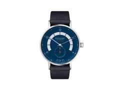 Nomos Glashütte Autobahn neomatik 41 Datum Nachtblau Automatik Edelstahl 41mm blaues Zifferblatt blaues Textilband – Herrenuhren Uhr mit Datum aus Edelstahl. Das Gehäuse ist rund und silber. Das Textilarmband ist blau. Das Zifferblatt ist arabisch Index und blau.