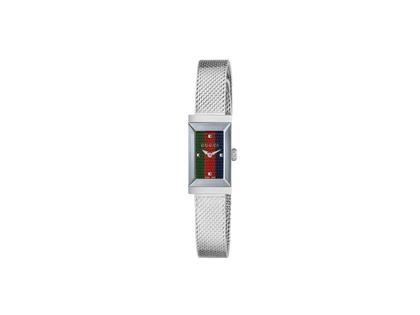 Gucci G-Frame Quarz Edelstahl 14x25mm grün-rot-blaues Zifferblatt Metallband YA147510 – Damenuhren Uhr ohne Datum aus Edelstahl. Das Gehäuse ist rechteckig und silber. Das Edelstahlarmband ist silber. Der Zifferblatt ist ein Index.