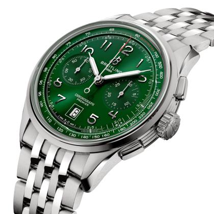 Breitling Premier B01 Chronograph 42 Automatik Edelstahl grünes Zifferblatt Metallband – Herrenuhren Chronograph aus Edelstahl. Das Gehäuse ist rund und silber. Das Edelstahlarmband ist silber. Das Zifferblatt ist arabisch und grün. – Ansicht 2