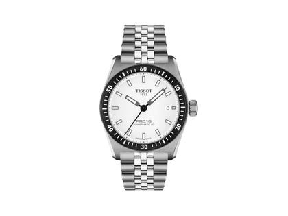 Tissot PR516 Automatik Edelstahl 38mm weißes Zifferblatt Metallband – Herrenuhren Uhr mit Datum aus Edelstahl. Das Gehäuse ist rund und silber. Das Edelstahlarmband ist silber. Das Zifferblatt ist ein Index in weiß.
