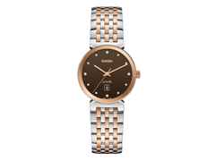 Rado Florence Classic Diamonds Quarz Edelstahl 30 mm braun Edelstahlband bicolor – Damenuhren Uhr mit Datum aus Edelstahl und PVD beschichtet. Das Gehäuse ist rund und roségold. Das Edelstahlarmband ist silber-roségold. Das Zifferblatt ist ein Index in braun.