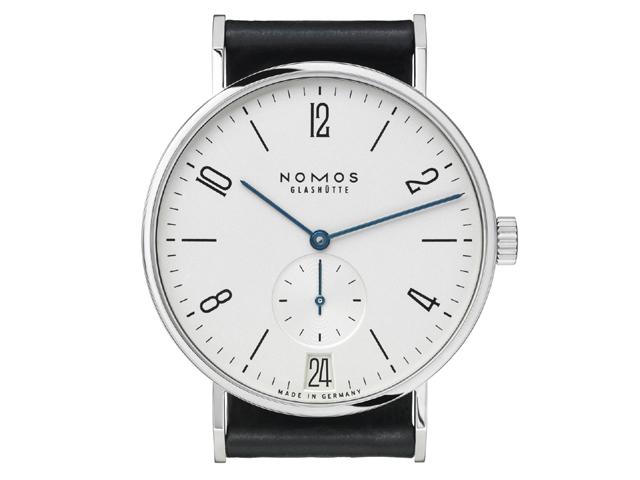 Nomos Glashütte Tangente 38 Datum Handaufzug Edelstahl 38mm weißes Zifferblatt schwarzes Lederband Glasboden – Herrenuhren Uhr mit Datum aus Edelstahl und Leder. Das Gehäuse ist rund und silber. Das Lederarmband ist schwarz. Das Zifferblatt ist arabisch Index und silber. – Ansicht 2