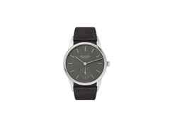 Nomos Glashütte Orion 33 1989 Handaufzug Edelstahl 33mm graues Zifferblatt schwarzes Lederband Glasboden – Damenuhren Uhr ohne Datum aus Edelstahl und Leder. Das Gehäuse ist rund und silber. Das Lederarmband ist anthrazit. Das Zifferblatt ist ein Index in anthrazit.