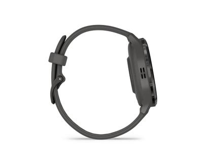 Garmin Venu 3S faserverstärktes Polymer kieselgrau 41mm kieselgraues Kautschukband – Herrenuhren Uhr Multifunktion aus Edelstahl, Kautschuk, Kunststoff und PVD beschichtet. Das Gehäuse ist rund und anthrazit. Das Kautschuk / Kunststoff / Silikon Armband ist anthrazit. Das Zifferblatt ist digital und schwarz. – Ansicht 6