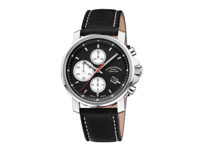 Mühle Glashütte 29er Chronograph Automatik Edelstahl 42,4mm schwarzes Zifferblatt schwarzes Lederband – Herrenuhren Chronograph aus Edelstahl. Das Gehäuse ist rund und silber. Das Lederarmband ist schwarz. Das Zifferblatt ist ein Index in schwarz.