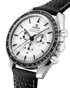Omega Speedmaster Moonwatch Professional Chronograph Handaufzug Edelstahl 42mm weißes Zifferblatt schwarzes Lederband – Herrenuhren Chronograph aus Edelstahl, eloxiertes Aluminium und Leder. Das Gehäuse ist rund und silber. Das Lederarmband ist schwarz. Das Zifferblatt ist ein Index in weiß. – Ansicht 3