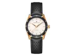 Hamilton Jazzmaster Performer Auto Edelstahl 38 mm weißes Zifferblatt schwarzes Lederband – Herrenuhren Uhr ohne Datum aus Edelstahl und Leder. Das Gehäuse ist rund und roségold. Das Lederarmband ist schwarz. Das Zifferblatt ist ein Index in weiß.