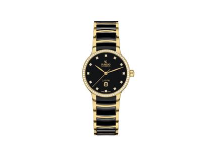 Damenuhren Uhr mit Datum aus Edelstahl, Keramik und PVD beschichtet. Das Gehäuse ist rund und gelbgold. Das Keramikarmband ist schwarz. Das Zifferblatt ist ein Index in schwarz.