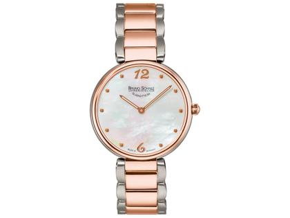 Bruno Söhnle Glashütte Salerno IP bicolor rosé Edelstahl Perlmutt Edelstahlband – Damenuhren Uhr ohne Datum aus Edelstahl und IP beschichtet. Das Gehäuse ist rund und silber-roségold. Das vergoldetes Edelstahlarmband ist silber-roségold. Das Zifferblatt ist arabisch Index und weiß.