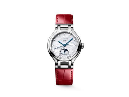 Longines PrimaLuna Mondphase Automatik Edelstahl 34mm Perlmutt-Zifferblatt mit Brillanten rotes Lederband – Damenuhren Uhr mit Datum aus Edelstahl und Leder. Das Gehäuse ist rund und silber. Das Lederarmband Kroko / Alligator ist rot. Das Zifferblatt ist ein Index in weiß.