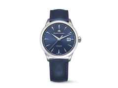 Maurice Lacroix 1975 Automatik Edelstahl 40mm blaues Zifferblatt blaues Lederband – Herrenuhren Uhr mit Datum aus Edelstahl. Das Gehäuse ist rund und silber. Das Edelstahlarmband ist blau. Das Zifferblatt ist ein Index in blau.
