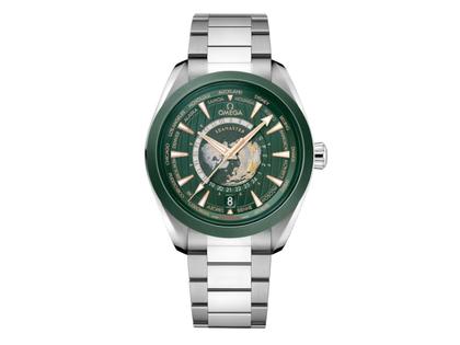 Omega Seamaster Aqua Terra 150M Automatik Edelstahl 43mm grünes Zifferblatt Metallband – Herrenuhren Uhr mit Datum aus 750 Gelbgold, Edelstahl und Keramik. Das Gehäuse ist rund und silber. Das Edelstahlarmband ist silber. Das Zifferblatt ist ein Index in grün.