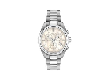 Tissot PR 100 Chronograph Quarz Edelstahl 36mm weißes Perlmutt-Zifferblatt Metallband – Damenuhren Chronograph aus Edelstahl. Das Gehäuse ist rund und silber. Das Edelstahlarmband ist silber. Das Zifferblatt ist ein Index in weiß.