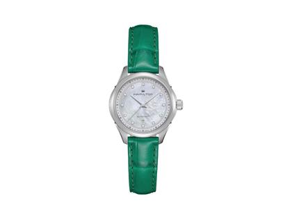 Hamilton Jazzmaster Lady Auto Edelstahl 30mm weißes Zifferblatt mit Brillanten grünes Lederband – Damenuhren Uhr mit Datum aus Edelstahl und Leder. Das Gehäuse ist rund und silber. Das Lederarmband ist grün. Das Zifferblatt ist ein Index in weiß.
