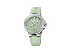 Oris Aquis Date Lady Automatik 36,5mm Edelstahl grünes Perlmutt-Zifferblatt Kautschukband – Damenuhren Uhr mit Datum aus Edelstahl und Kautschuk. Das Gehäuse ist rund und silber. Das Kautschuk / Kunststoff / Silikon Armband ist grün. Das Zifferblatt ist ein Index in grün.