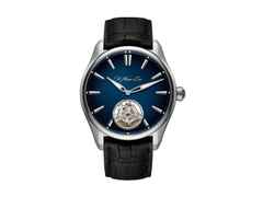 H. Moser & Cie. Pioneer Tourbillon Fumé Mitternachtsblau Limited Edition Automatik Edelstahl 42,8mm blaues Zifferblatt schwarzes Lederband – Herrenuhren Uhr ohne Datum aus Edelstahl. Das Gehäuse ist rund und silber. Das Lederarmband Kroko / Alligator ist schwarz. Das Zifferblatt ist ein Index in blau.