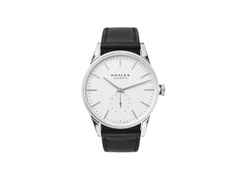 Nomos Glashütte Zürich Automatik Edelstahl 40mm weißes Zifferblatt schwarzes Lederband Stahlboden – Herrenuhren Uhr ohne Datum aus Edelstahl. Das Gehäuse ist rund und silber. Das Lederarmband ist schwarz. Das Zifferblatt ist ein Index in silber.
