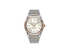 Breitling Chronomat Automatic 36 Edelstahl weißes Zifferblatt mit Brillanten zweifarbiges Metallband – Damenuhren Uhr mit Datum aus Edelstahl. Das Gehäuse ist rund und silber-roségold. Das Edelstahlarmband mit Gold ist silber-roségold. Das Zifferblatt ist ein Index in weiß.